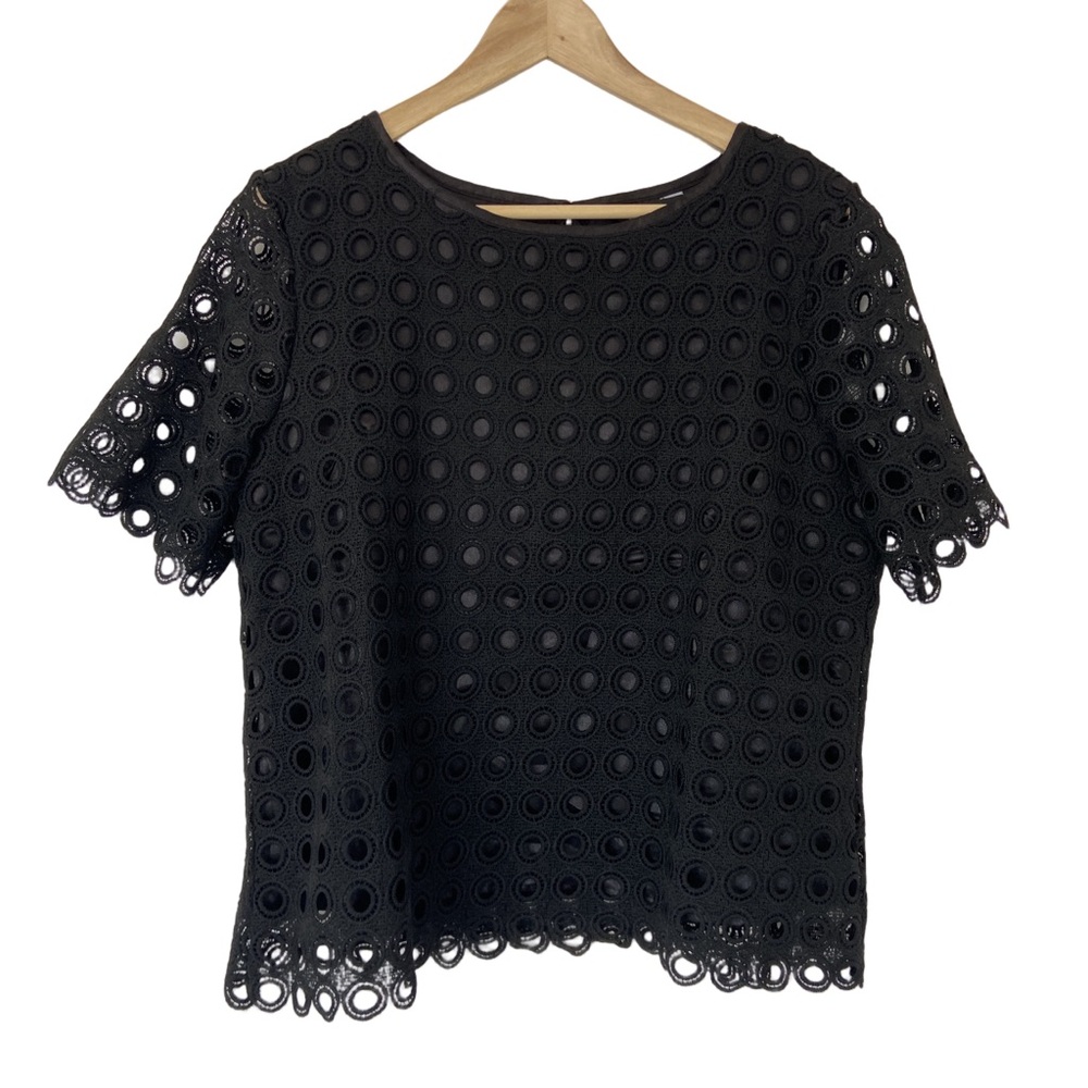 ADIVA BLACK CLASSIC EYELET LACE SHORT SLEEVED TOP/BLOUSE WITH LINING, LARGE